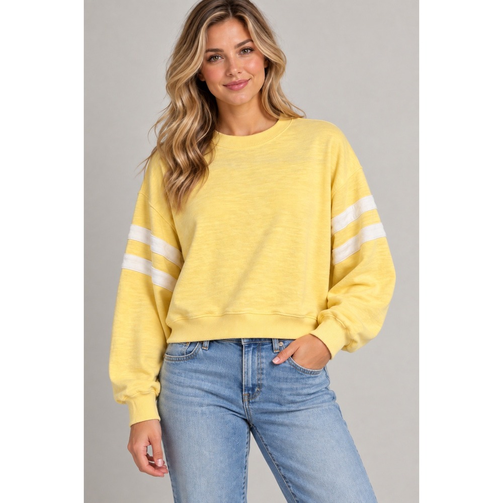 Downeast Womens Cropped Boxy Yellow Varsity Stripe Crewneck Sweatshirt Sz Medium